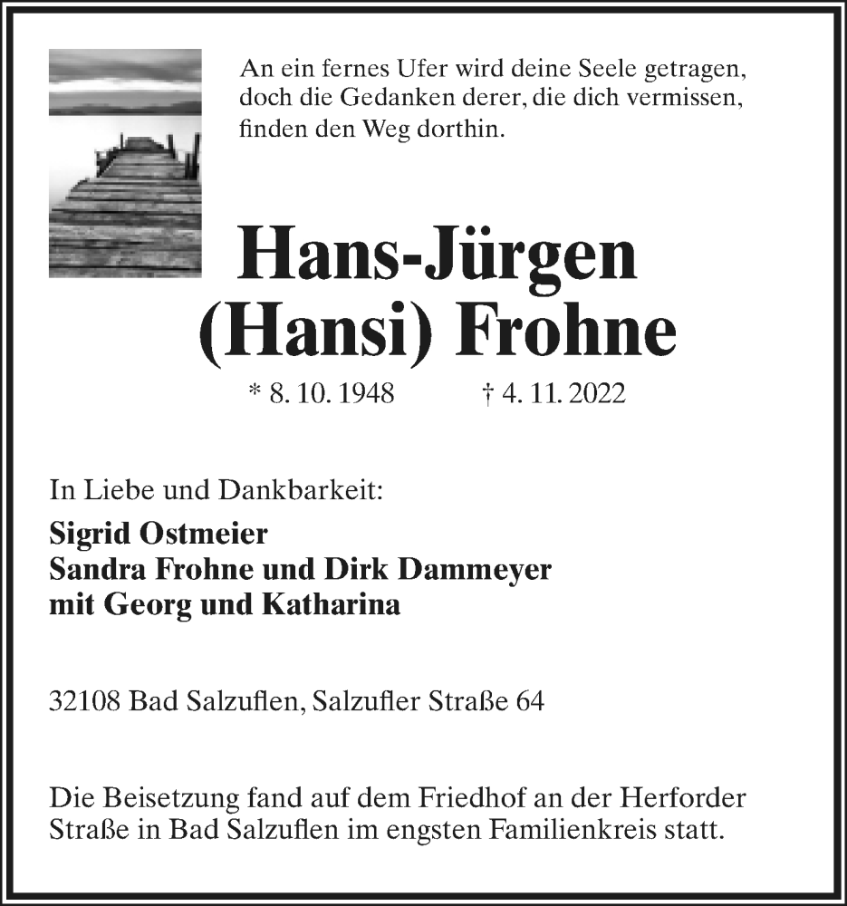  Traueranzeige für Hans-Jürgen Frohne vom 23.11.2022 aus Lippische Landes-Zeitung