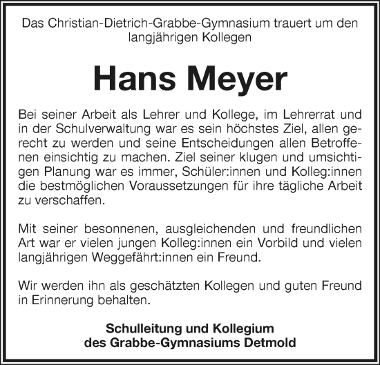 Anzeige  Hans Meyer  Lippische Landes-Zeitung