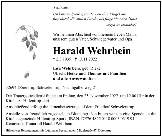 Anzeige  Harald Wehrbein  Lippische Landes-Zeitung
