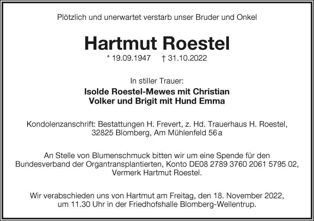  Traueranzeige für Hartmut Roestel vom 12.11.2022 aus Lippische Landes-Zeitung