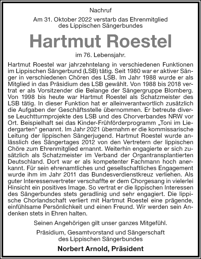  Traueranzeige für Hartmut Roestel vom 26.11.2022 aus Lippische Landes-Zeitung
