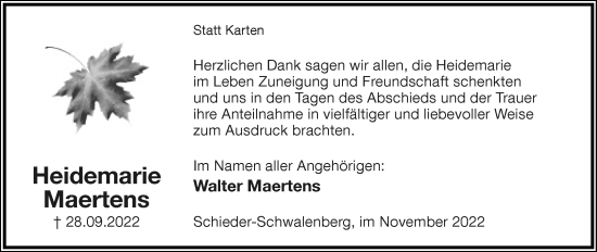 Anzeige  Heidemarie Maertens  Lippische Landes-Zeitung