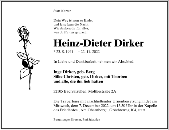 Anzeige  Heinz-Dieter Dirker  Lippische Landes-Zeitung