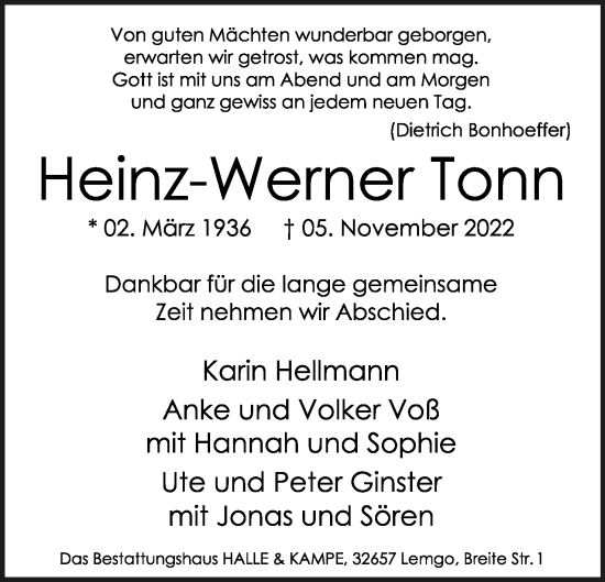Anzeige  Heinz-Werner Tonn  Lippische Landes-Zeitung