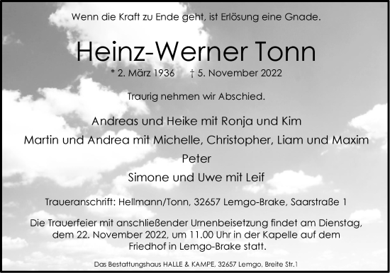 Anzeige  Heinz-Werner Tonn  Lippische Landes-Zeitung