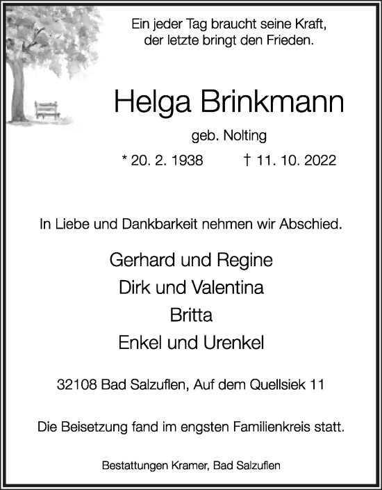 Anzeige  Helga Brinkmann  Lippische Landes-Zeitung