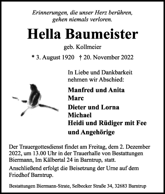 Anzeige  Hella Baumeister  Lippische Landes-Zeitung