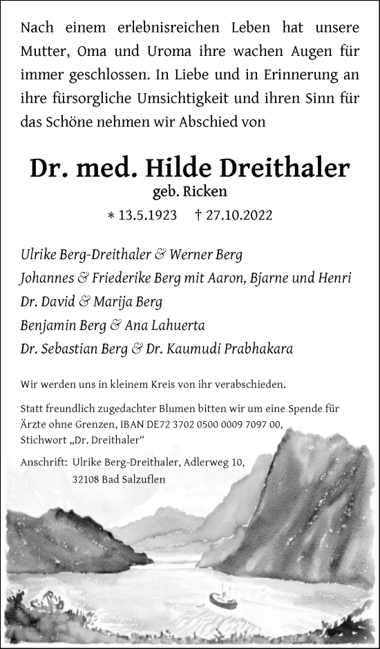 Anzeige  Hilde Dreithaler  Lippische Landes-Zeitung
