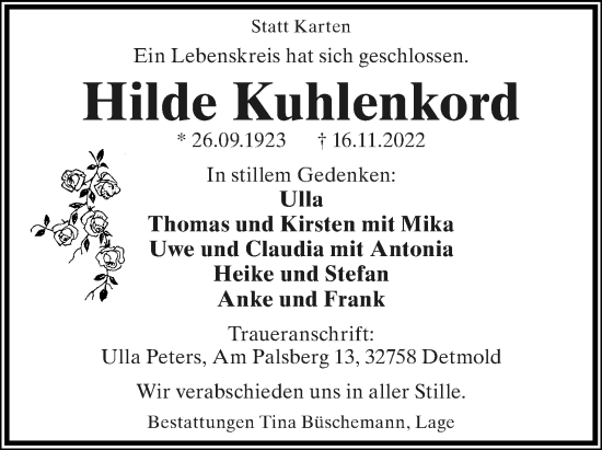 Anzeige  Hilde Kuhlenkord  Lippische Landes-Zeitung