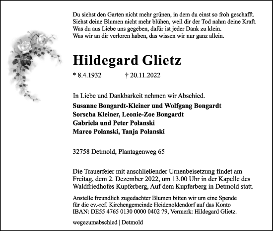 Anzeige  Hildegard Glietz  Lippische Landes-Zeitung