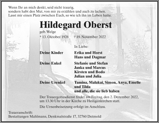 Anzeige  Hildegard Oberst  Lippische Landes-Zeitung