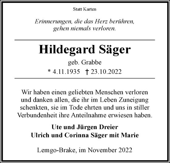Anzeige  Hildegard Säger  Lippische Landes-Zeitung