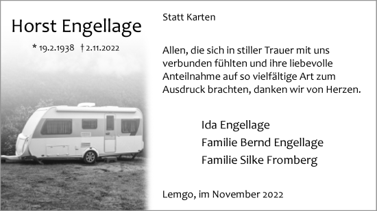 Anzeige  Horst Engellage  Lippische Landes-Zeitung
