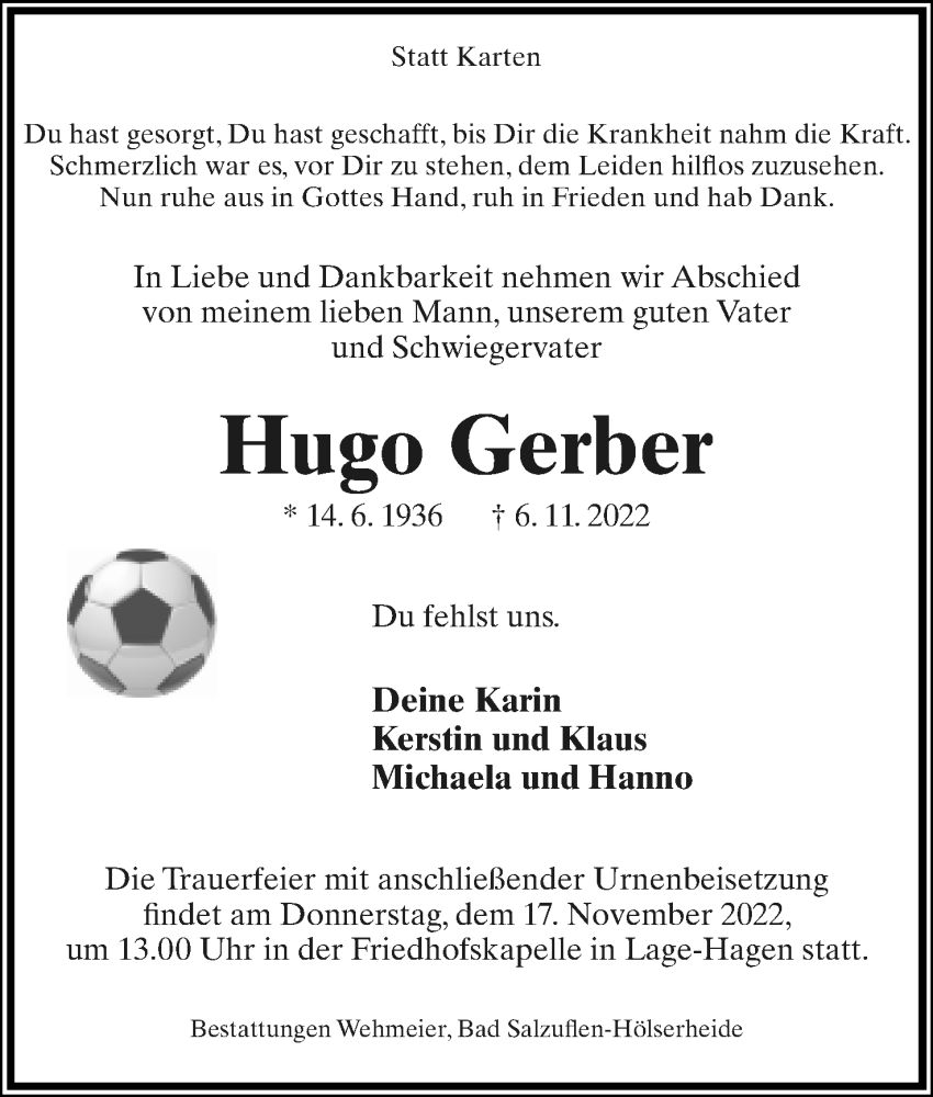  Traueranzeige für Hugo Gerber vom 12.11.2022 aus Lippische Landes-Zeitung