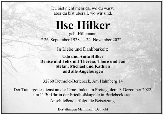 Anzeige  Ilse Hilker  Lippische Landes-Zeitung