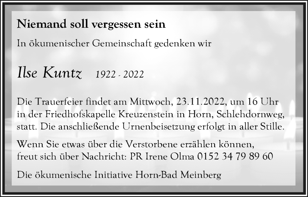  Traueranzeige für Ilse Kuntz vom 12.11.2022 aus Lippische Landes-Zeitung