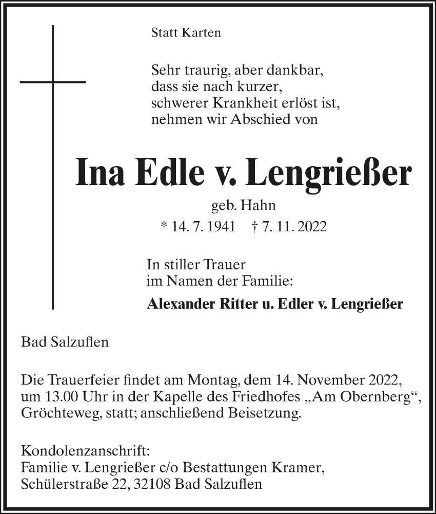  Traueranzeige für Ina Edle v. Lengrießer vom 09.11.2022 aus Lippische Landes-Zeitung