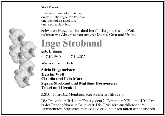 Anzeige  Inge Stroband  Lippische Landes-Zeitung