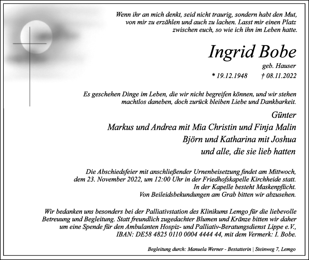  Traueranzeige für Ingrid Bobe vom 19.11.2022 aus Lippische Landes-Zeitung