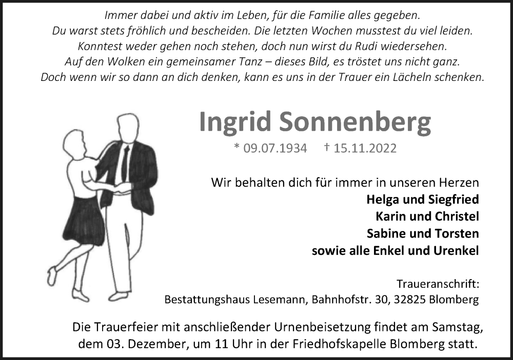  Traueranzeige für Ingrid Sonnenberg vom 19.11.2022 aus Lippische Landes-Zeitung