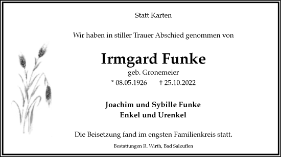 Anzeige  Irmgard Funke  Lippische Landes-Zeitung