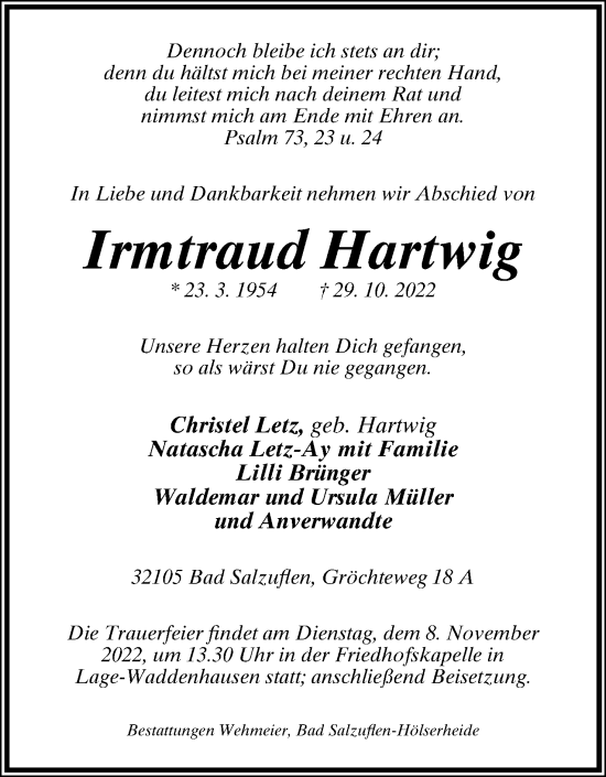 Anzeige  Irmtraud Hartwig  Lippische Landes-Zeitung