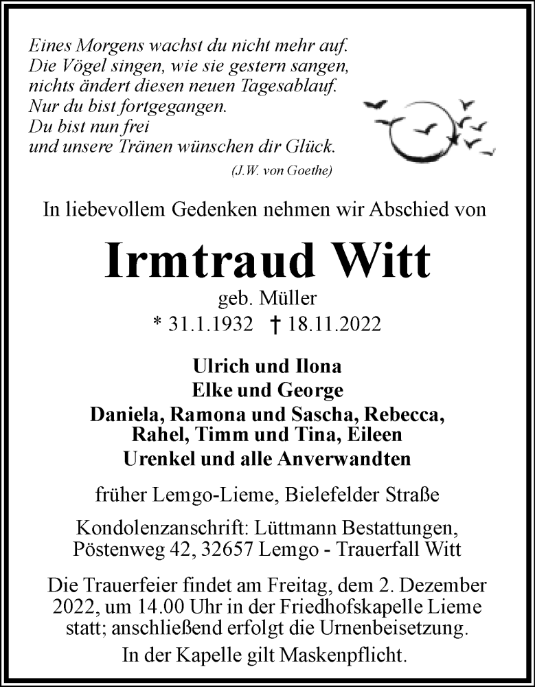  Traueranzeige für Irmtraud Witt vom 26.11.2022 aus Lippische Landes-Zeitung