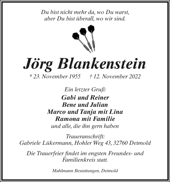 Anzeige  Jörg Blankenstein  Lippische Landes-Zeitung