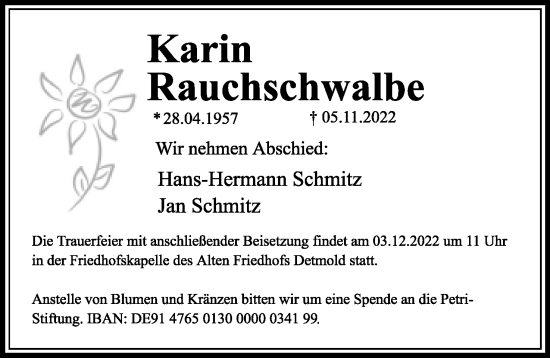Anzeige  Karin Rauchschwalbe  Lippische Landes-Zeitung