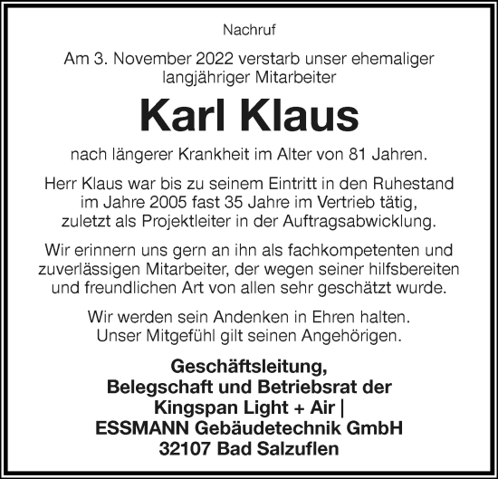 Anzeige  Karl Klaus  Lippische Landes-Zeitung