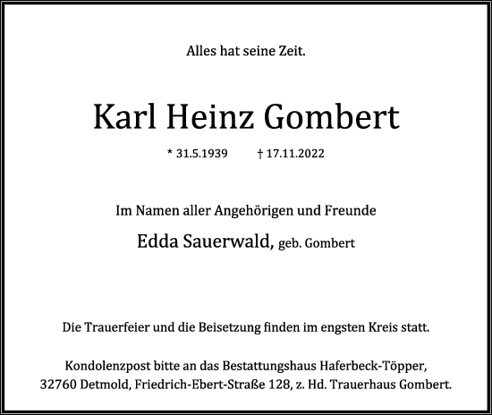 Anzeige  Karl Heinz Gombert  Lippische Landes-Zeitung