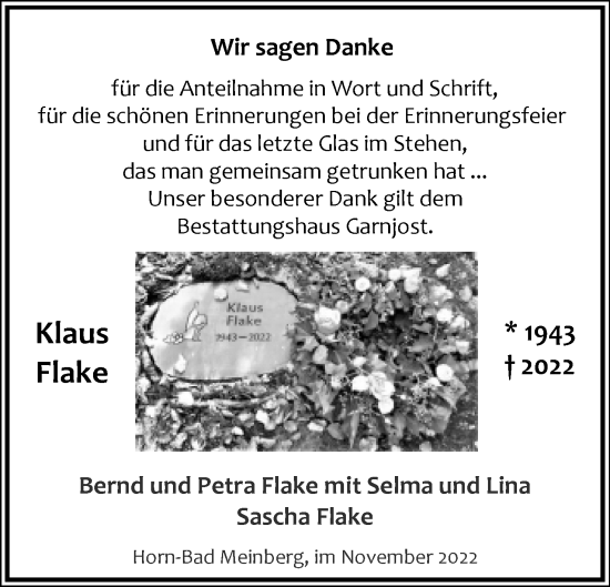 Anzeige  Klaus Flake  Lippische Landes-Zeitung