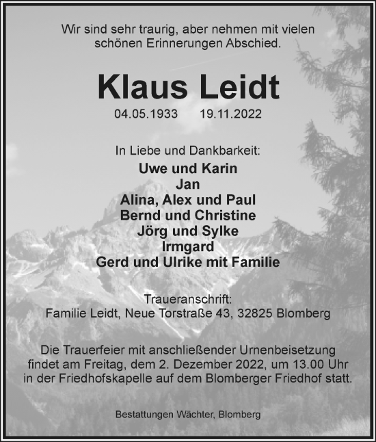 Anzeige  Klaus Leidt  Lippische Landes-Zeitung