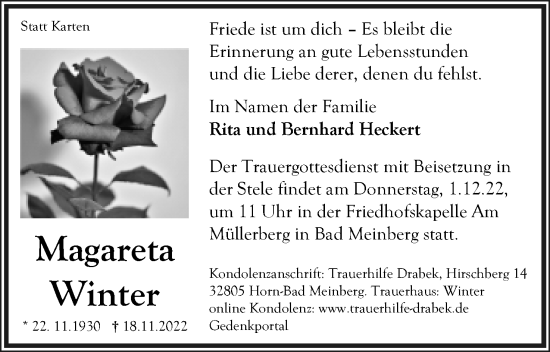 Anzeige  Magareta Winter  Lippische Landes-Zeitung