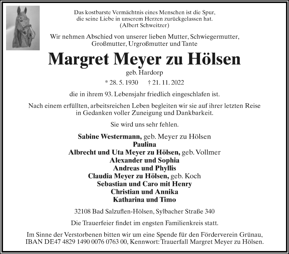  Traueranzeige für Margret Meyer zu Hölsen vom 26.11.2022 aus Lippische Landes-Zeitung