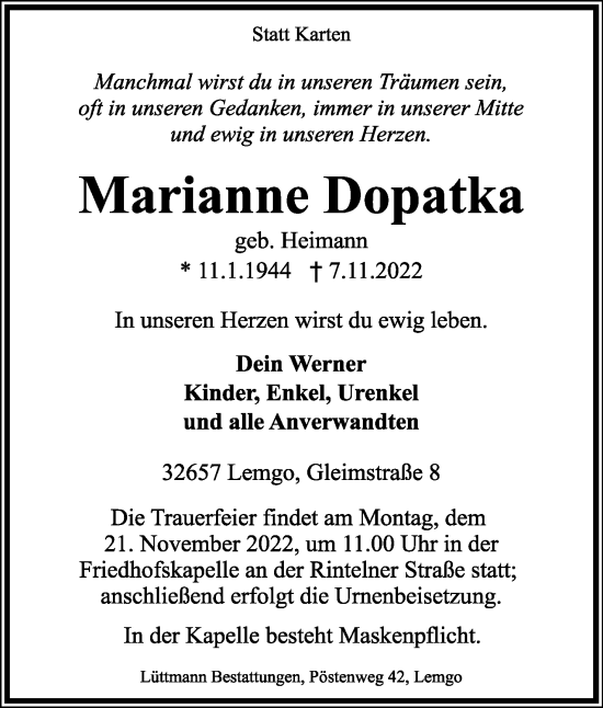 Anzeige  Marianne  Dopatka  Lippische Landes-Zeitung