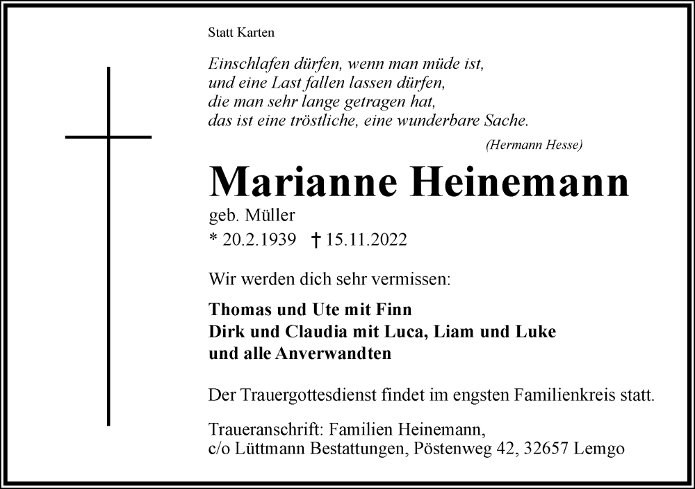  Traueranzeige für Marianne Heinemann vom 19.11.2022 aus Lippische Landes-Zeitung