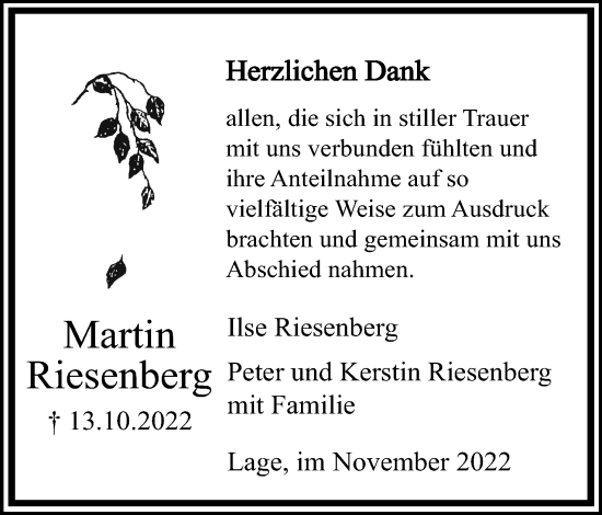Anzeige  Martin Riesenberg  Lippische Landes-Zeitung