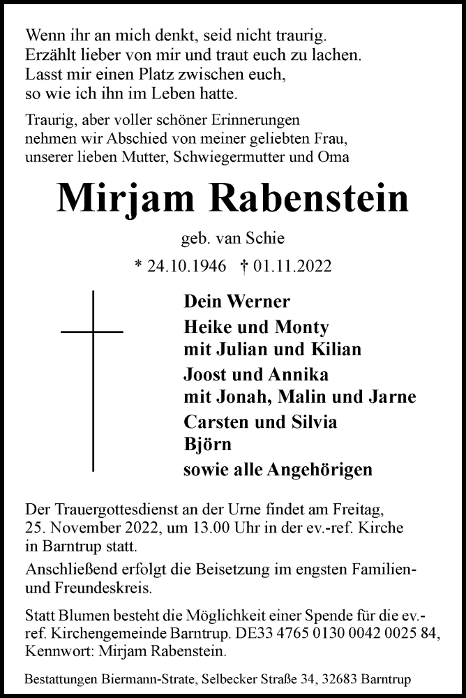  Traueranzeige für Mirjam Rabenstein vom 12.11.2022 aus Lippische Landes-Zeitung