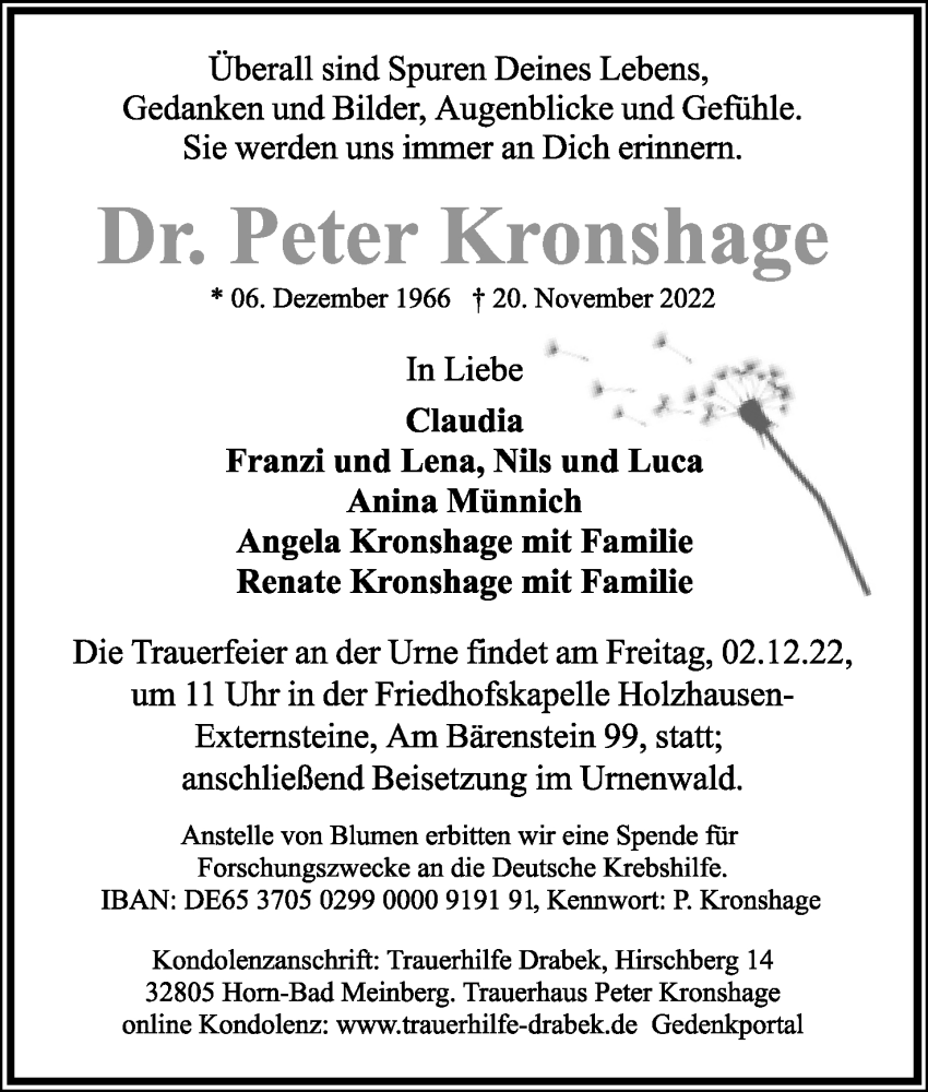  Traueranzeige für Peter Kronshage vom 26.11.2022 aus Lippische Landes-Zeitung