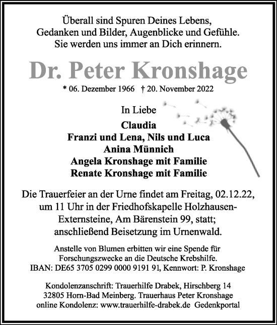 Anzeige  Peter Kronshage  Lippische Landes-Zeitung