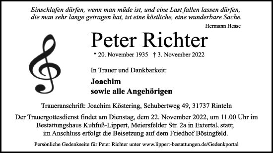 Anzeige  Peter Richter  Lippische Landes-Zeitung