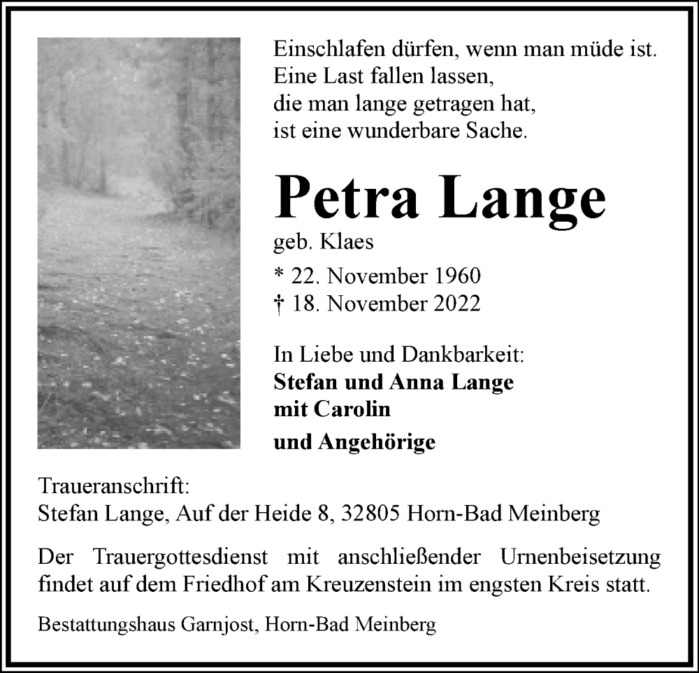  Traueranzeige für Petra Lange vom 26.11.2022 aus Lippische Landes-Zeitung