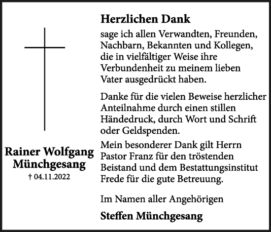Anzeige  Rainer Wolfgang Münchgesang  Lippische Landes-Zeitung