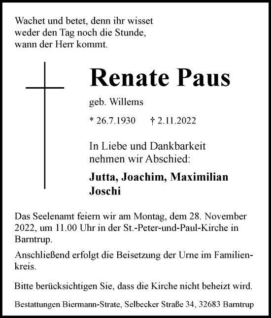 Anzeige  Renate Paus  Lippische Landes-Zeitung