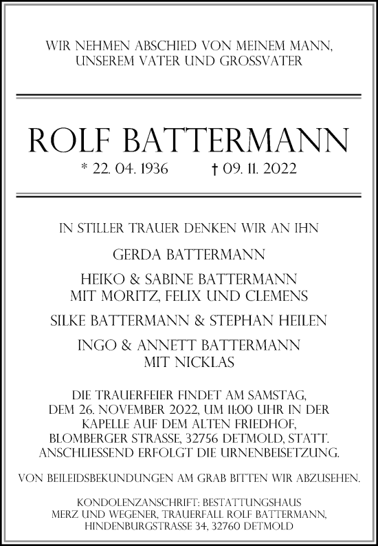 Anzeige  Rolf Battermann  Lippische Landes-Zeitung