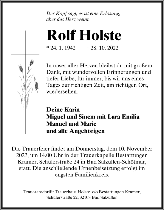 Anzeige  Rolf Holste  Lippische Landes-Zeitung