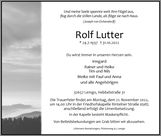 Anzeige  Rolf Lutter  Lippische Landes-Zeitung