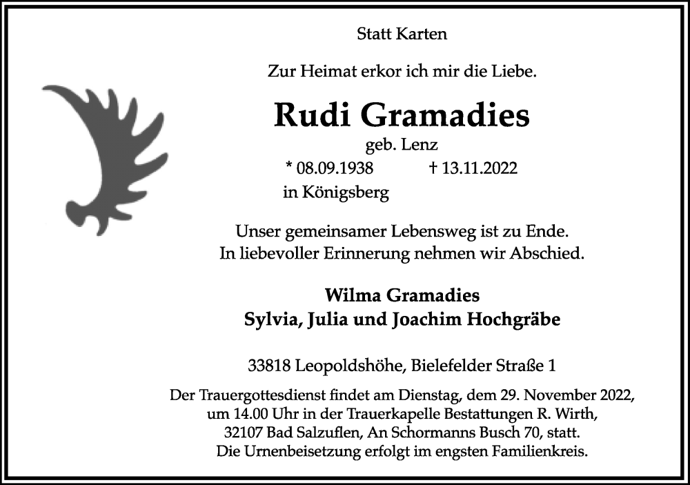  Traueranzeige für Rudi Gramadies vom 19.11.2022 aus Lippische Landes-Zeitung