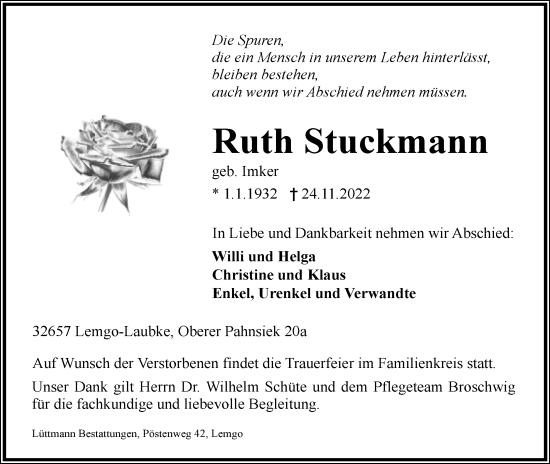 Anzeige  Ruth Stuckmann  Lippische Landes-Zeitung